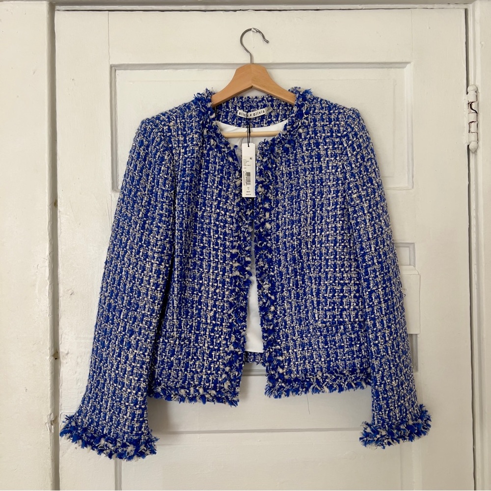 Alice + Olivia Nila Frayed Hem Box Jacket in Multi. Tweed jacket size L